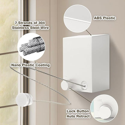 Retractable Clothesline, Clothes Line Retracting Indoor, Retractable Clothesline Indoor, Laundry Line Retractable, Not Sagging, Suitable for Balconies, Courtyards, Laundry Rooms