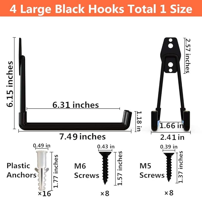 Heavy Duty Garage Storage Utility Double Hooks,Extended Wall Mount Tool Holder Organizer for Ladders,Bike,Chair (4 Pack Black 7.5" Large U Hook)