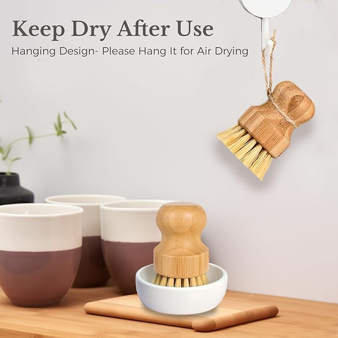 Bamboo Dish Scrub Brush for Kitchen Sink, Natural Wooden Washing Dish Brush Scrubber, Sisal Bristles Brush for Household Cleaning Cast Iron Brush Pots(Ceramic Dish+ 4P Sisal)