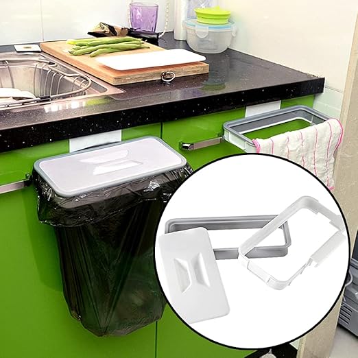 Portable Trash Bag Holder, Hanging Garbage Bag Holder,Over The Cabinet Plastic with Lid Kitchen Garbage Bags Storage Rack Trash Bin (1 pcs)