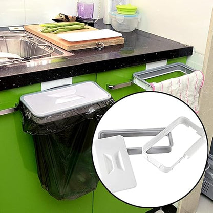 Portable Trash Bag Holder, Hanging Garbage Bag Holder,Over The Cabinet Plastic with Lid Kitchen Garbage Bags Storage Rack Trash Bin (1 pcs)