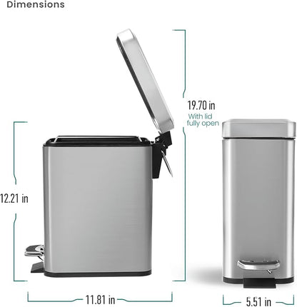 Home Zone Living 1.3 Gallon Small Bathroom Trash Can with Lid and Step Pedal, Stainless Steel Wastebasket with Slim Design for Home and Office, Silver, 5 Liters