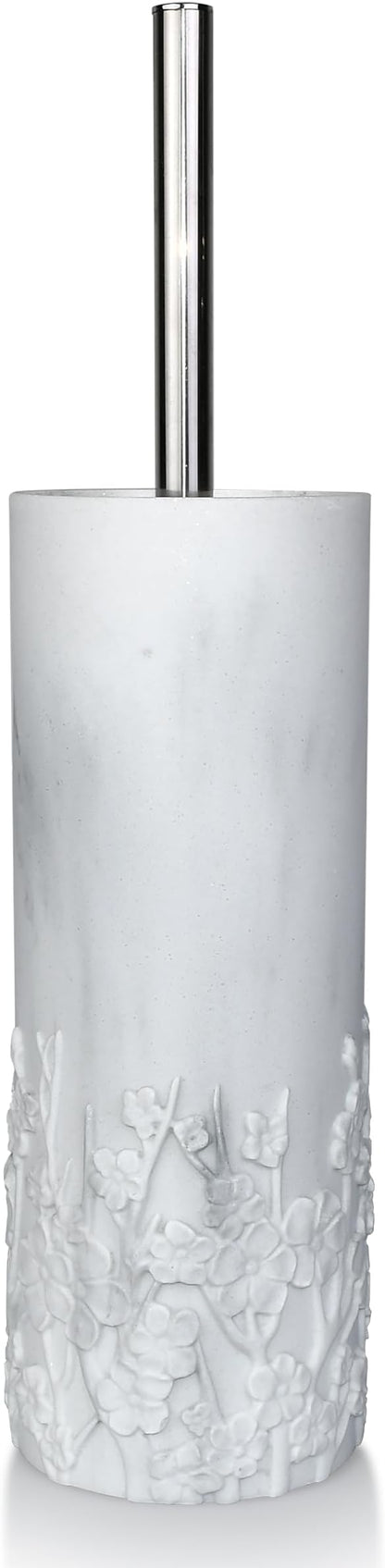 Marble Cherry Blossom Design Resin Toilet Brush and Holder Set for Bathroom, Stylish Design with Durable Bristles and Compact Storage
