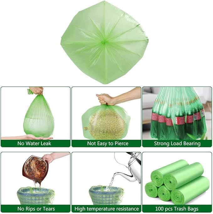 4-6 Gallon Small Trash Bags Biodegradable, 20 Liter Mini Compostable Strong Bathroom Garbage Bags with Tear & Leak Resistant, Recycling Eco-Friendly Trash Can Plastic Liner, Green, 100 Counts
