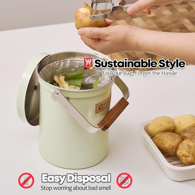 WAGENSTEIGER Kitchen Countertop Compost Bin 101Ounces / 3Liter with Airtight Lid, SUS304 Stainless Steel Odor-Free Food Waste Bin with Wooden Handle Stylish Design/Bathroon Trash Can (Mint Green)