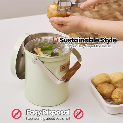WAGENSTEIGER Kitchen Countertop Compost Bin 101Ounces / 3Liter with Airtight Lid, SUS304 Stainless Steel Odor-Free Food Waste Bin with Wooden Handle Stylish Design/Bathroon Trash Can (Mint Green)