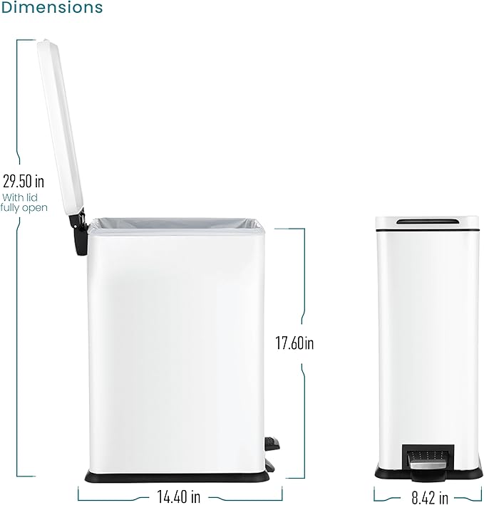 Home Zone Living 4 Gallon Slim Kitchen Trash Can with Soft Close Lid and Step Pedal, Matte White Stainless Steel Wastebasket with Removable Bucket