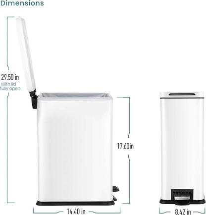 Home Zone Living 4 Gallon Slim Kitchen Trash Can with Soft Close Lid and Step Pedal, Matte White Stainless Steel Wastebasket with Removable Bucket
