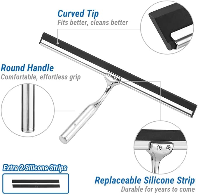 ecooe Silicone Shower Squeegee with Hanger, Shower Glass Cleaner Wiper, Black Window Squeegee Scraper with Stainless Steel Core for Home Bathroom Kitchen Car Glass Doors