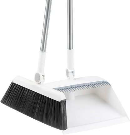 Broom and Dustpan Set, Long Handle Standing Broom with Self-Cleaning Comb Teeth, Heavy Duty Broom Dustpan Combo for Home Kitchen Office Floor Pet Hair Cleaning (White)