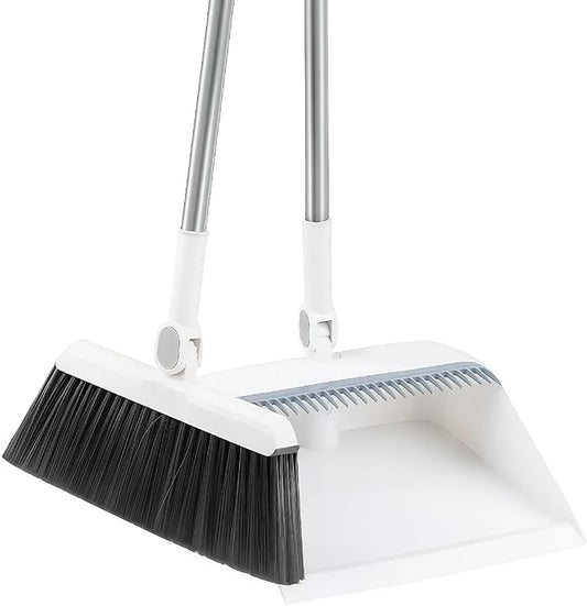 Broom and Dustpan Set, Long Handle Standing Broom with Self-Cleaning Comb Teeth, Heavy Duty Broom Dustpan Combo for Home Kitchen Office Floor Pet Hair Cleaning (White)