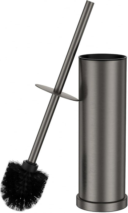 Pewter Toilet Brush and Holder Set，Stainless Steel Heavy Duty Toilet Bowl Brush，Extra Long Handled Modern Toilet Cleaner Brush with Replaceable Head, Removable Inner Bowl, and Splash Protection