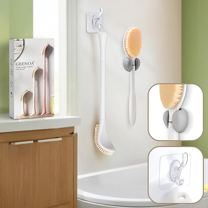 Foot Brush & Back Scrubber Set, 27.5'' Adjustable Foot Scrubber for Shower, 18.9'' Shower Back Scrubber with 3-Length Usage, Great Aid for People with Limited Mobility(White Set)