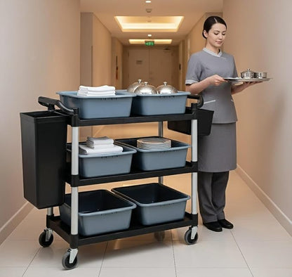 Storage Cart 3 Tier Heavy Duty Commercial Grade Utility Cart,Dish Cart for Restaurant,Multi-Function Mobile Shelving Unit Organizer for Hotel,Restaurant,Kitchen,Laundry Room with 6 Basin 2 Barrels