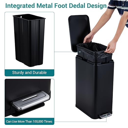 13-Gallon Kitchen Trash Can, 50-Liter Slim Stainless Steel Pedal Trash Bin, Pedal Trash Can with Soft-Close Lid, Fingerprint-Resistant, with Removable Inner Bucket, Suitable for Small Spaces,Black
