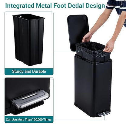 13-Gallon Kitchen Trash Can, 50-Liter Slim Stainless Steel Pedal Trash Bin, Pedal Trash Can with Soft-Close Lid, Fingerprint-Resistant, with Removable Inner Bucket, Suitable for Small Spaces,Black