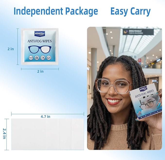Anti-Fog Wipes for Glasses – Eye Glasses Cleaner Wipes, 100 Pack, Individually Wrapped, Pre-Moistened, Quick-Dry, Scratch-Free for Goggles, Camera, Watch, Lens, Laptop, Phone Screens