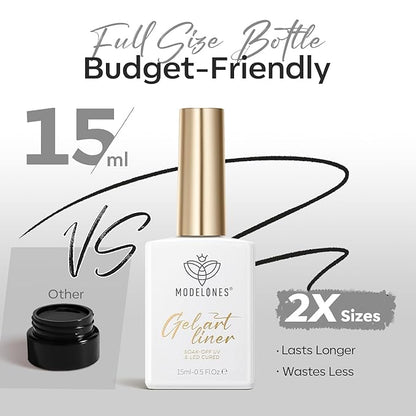 modelones Black French Tip Liner Gel Polish, 15 ML All Black Classic Color Nail Art Paint Swirl with Upgraded Fine Line Brush Soak Off U V DIY Home Salon Professional Manicure Design Gift for Women