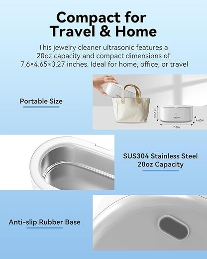 JeaTone Ultrasonic Jewelry Cleaner – 46kHz Sonic Cleaner for Rings, Glasses, Retainers, Dentures, Watches & More, 304 Stainless Steel 20oz Tank (White)