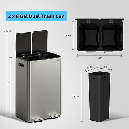 mVm 16(2x8) Gal Dual Trash Can, Stainless Steel Trash Can with Thick Lids, Recycling Bin for Kitchen Home Office (Gray)