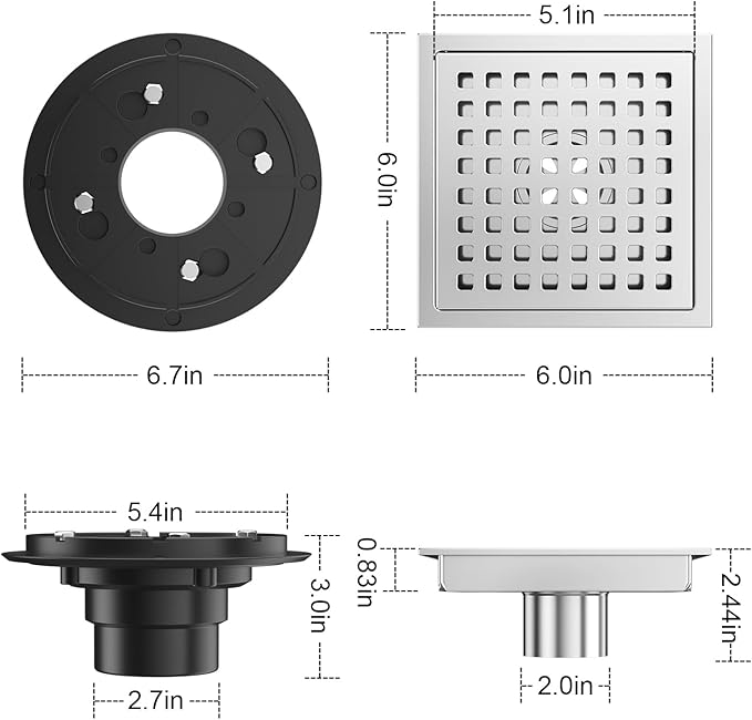 EXF 6 Inch Square Shower Drain Chrome, Stainless Steel Shower Floor Drain Kit with ABS Flange, Removable Grid Cover, Hair Strainer