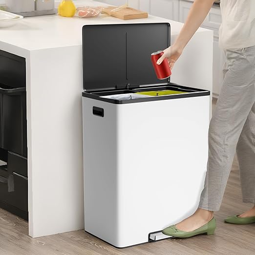 Large Stainless Steel Dual Compartment Recycling Trash Can 60 l/16 Gal Recycle Bins with Lid Waste Bin with Removable Buckets, Bathroom,Kitchen Garbage Can,White