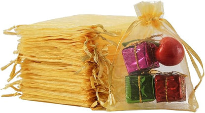 Meowoo 100PCS Organza Bags, 3x4in Small Mesh Bags Drawstring, Mesh Gift Bags Drawstring for Jewelry, Candy, Christmas, Sachets, Festivals, Bathroom Soaps, Makeup Organza, Wrapping Supplies(gold)