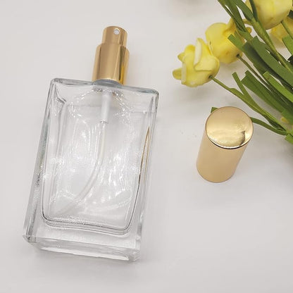 5PCS Square Glass Spray bottle,3.4oz Small Refillable Container with Fine Mist srpayer,Perfume bottle (100ml, Clear+Gold)