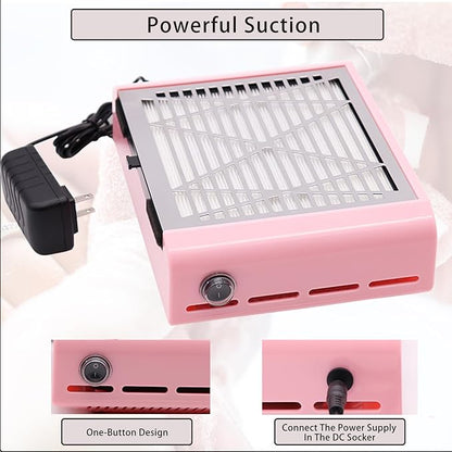 Electric Nail Dust Collector Machine, Nail Vacuum Suction Fan with Reusable Filters, Stainless Steel Nail Dust Cleaner, Dust Extractor Manicure Tool for Acrylic Gel Nail Polishing, Pink