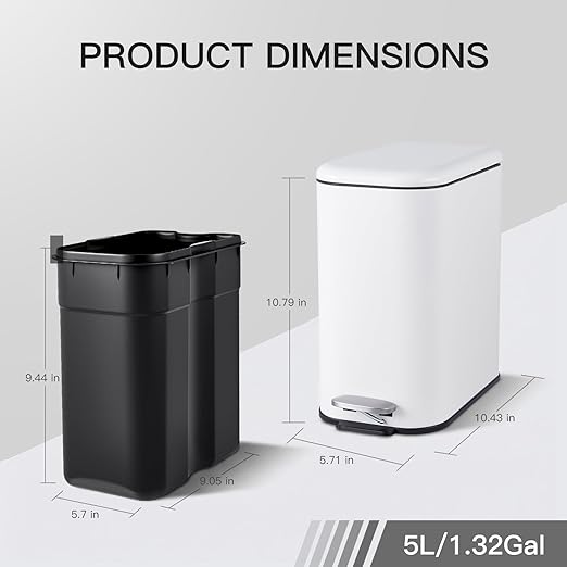 GlowSol Bathroom Trash Can with Lid, 1.3 Gallon 12 L Stainless Steel Step Trash Can with Removable Liner Bucket, Slim Small Wastebasket for Toilet Bedroom Office, White