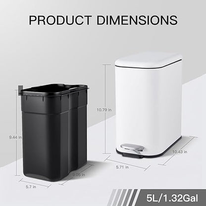 GlowSol Bathroom Trash Can with Lid, 1.3 Gallon 12 L Stainless Steel Step Trash Can with Removable Liner Bucket, Slim Small Wastebasket for Toilet Bedroom Office, White