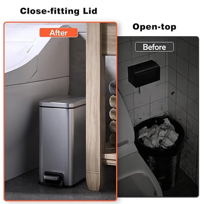 Slim Bathroom Trash Can with Lid Soft Close, 1.6 Gallon Stainless Steel Garbage Can with Removable Inner Bucket, Durable Step Pedal, Small Trash Bins for Toilet, Bedroom, Kitchen, Office