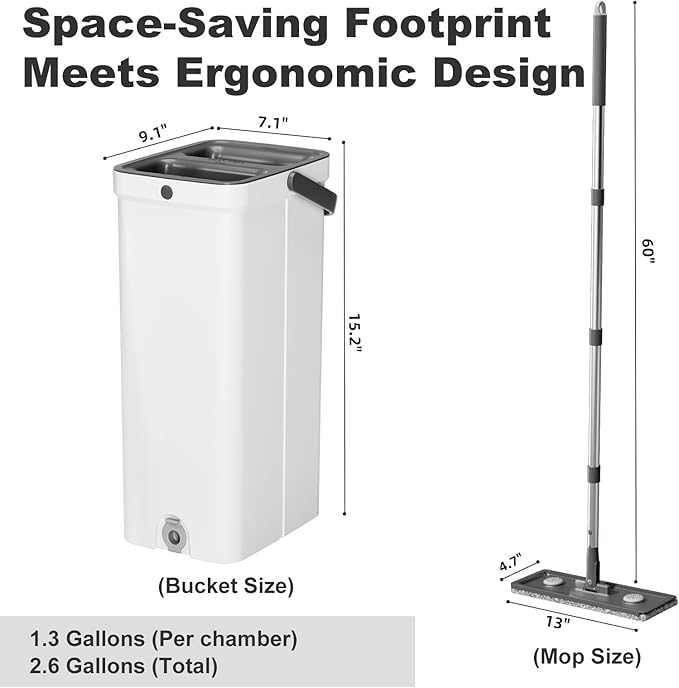 Mop and Bucket with Wringer Set, Hands-Free Flat Floor Mop and Bucket for Floor Cleaning, 60" Extra Long Stainless Steel Handle, 4 Washable Microfiber Pads, Mops for Wall, Hardwood, Tile