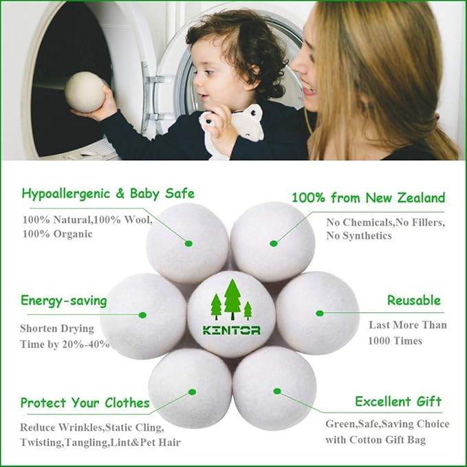 KINTOR XL Wool Dryer Balls 6-Pack, 100% New Zealand Wool, Reusable Fabric Softener, Cut Drying Time, Reduce Wrinkles Lint & Pet Hair, Hypoallergenic Quiet Laundry Balls