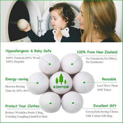KINTOR XL Wool Dryer Balls 6-Pack, 100% New Zealand Wool, Reusable Fabric Softener, Cut Drying Time, Reduce Wrinkles Lint & Pet Hair, Hypoallergenic Quiet Laundry Balls