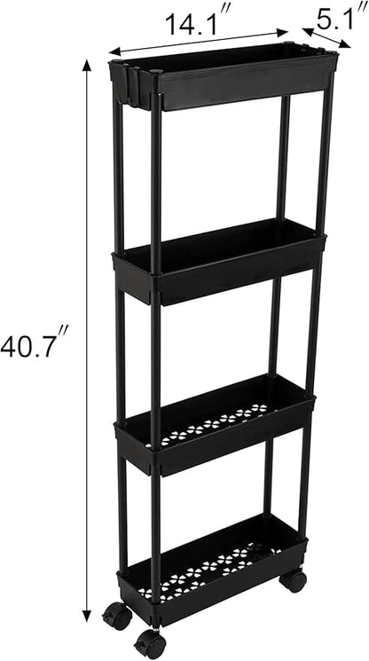 Sooyee 4 Tier Slim Storage Cart,Rolling Storage Cart,Narrow Shelf,Bathroom Rack,Mobile Shelving Unit Organizer for Kitchen, Bathroom, Laundry Room, Black