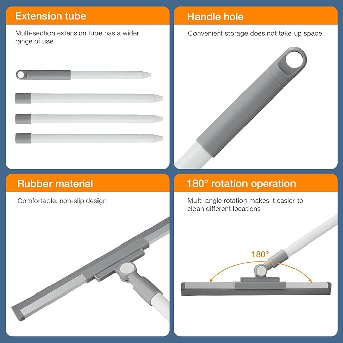 Floor Squeegee for Concrete Floor, Squeegee Broom, Magic Air Broom with 52'' Long Handle and 20'' Rubber Rotating Head for Shower Glass Doors, Bathroom Tile, Pet Hair, Window and Glass