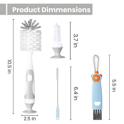 Ariseno 4-in-1 Baby Bottle Brush Set - Including Brushes for Bottles, Straws, Caps, & Nipples - BPA-Free (Grey)