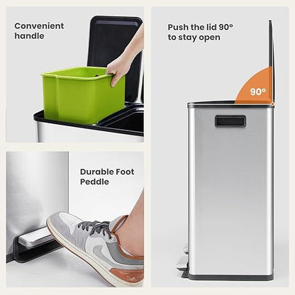 2×8 Gallon Kitchen Trash Can with Lid - Large Stainless Steel Garbage Can with Soft-Close Foot Pedal and Removable & Compartment PlasticInner Bucke, Trash Bin for Home, Bedroom, Office