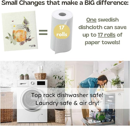 Swedish Dishcloths for Kitchen 6-Pack Reusable Paper Towels, Eco-Friendly, Compostable, Biodegradable Dish Wash Cloths, Washable Sponge, Watercolor Honey Art-Sweet as Can Bee