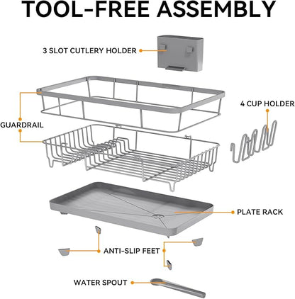 TOOLF Dish Drying Rack, Dish Racks for Kitchen Counter, Stainless Steel Sink Organization and Storage Essentials with Cutlery Holder, Dish Drainer, Home and Appartment Decor, 12.4''W x 16.5''L, Gray