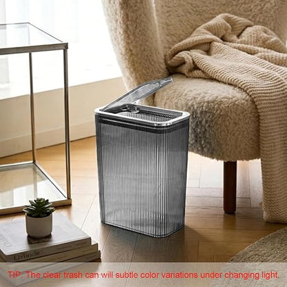 2 Pack Bathroom Trash Can with Lid, 2.6 Gallon Transparent Small Trash Can for Bedroom, Office, Slim Garbage Can with Lid for Narrow Spaces, Modern Decorative Waste Basket, Grey