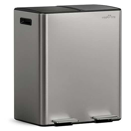 mVm Kitchen Trash Can, 10.6(2x5.3) Gal Dual Trash Can with ABS Lids, 2 Compartment Stainless Steel Recycle Bin for Home Kitchen Office (Gray)