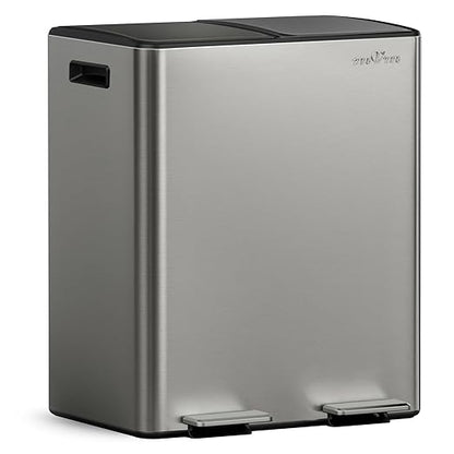 mVm Kitchen Trash Can, 10.6(2x5.3) Gal Dual Trash Can with ABS Lids, 2 Compartment Stainless Steel Recycle Bin for Home Kitchen Office (Gray)