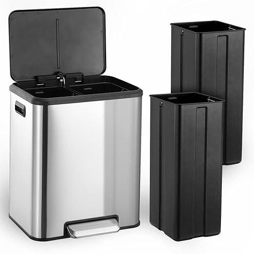 GAOMON Kitchen Dual Trash Can and Recycling Bin, 2 x 4 Gallon Stainless Steel Trash Can, 30 Liter, Removable Inner Bin and Soft Close Lid, Suitable for Home, Office, Business - Silver
