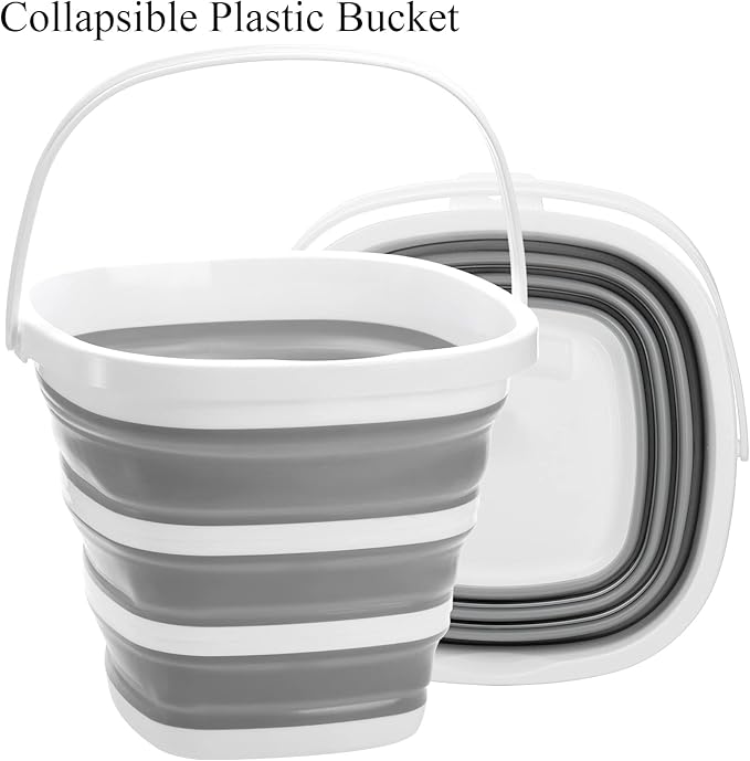 Fasmov 2 Pack Collapsible Plastic Bucket, Portable Cleaning Bucket with Handle, 2.6 Gallon (10L) Foldable Rectangular Tub for Hiking, Backpacking, Camping, Fishing, Car Wash, Gray & Blue