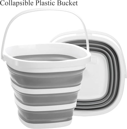 Fasmov 2 Pack Collapsible Plastic Bucket, Portable Cleaning Bucket with Handle, 2.6 Gallon (10L) Foldable Rectangular Tub for Hiking, Backpacking, Camping, Fishing, Car Wash, Gray & Blue
