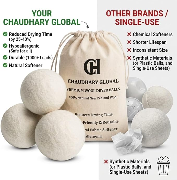 Wool Dryer Balls XL 6-Pack - 100% Organic New Zealand Wool, Reusable Natural Fabric Softener for Laundry, Reduce Drying Time & Static, Eco-Friendly Dryer Balls for Pet Hair Removal