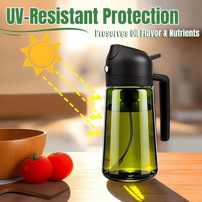 Oil Sprayer for Cooking, 2-in-1 Olive Oil Sprayer and Dispenser, 16oz Fine Mist Oil Mister (2pcs), Grilling Spray Bottle, Dark Glass Light-Blocking Spray Bottle for Air Fryer, BBQ, Baking, Salad