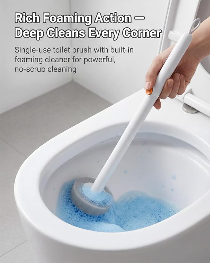 Disposable Toilet Cleaning Brush Kit with 18 Refill Heads, One-Press Release, Built-in Cleaning Solution, Wall-Mounted Storage, Ideal for Bathroom, Home, Rental and Airbnb